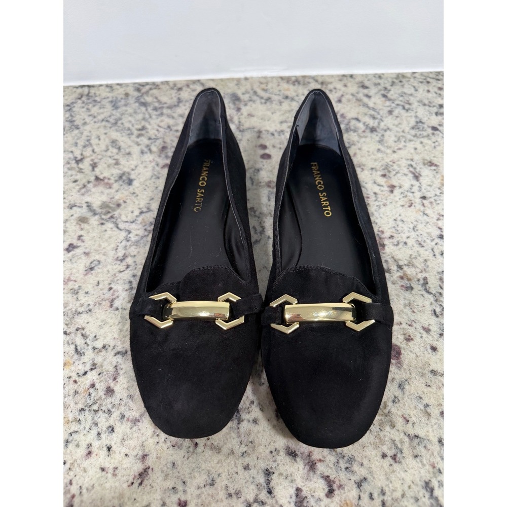 Franco Sarto Womens Black Suede Gold Buckle Loafer Flats Size 7.5M